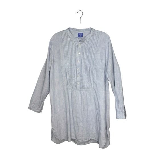 Pine Cone Hill Tops - Pinecone Hill Linen Tunic Size L Pintuck Pleats Blue Band Collar Coastal Beachy